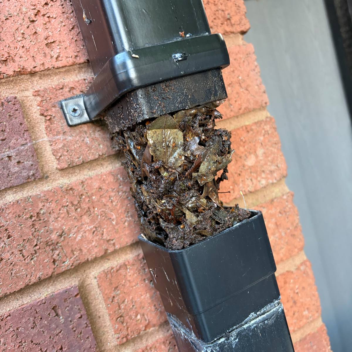 Square downpipe opened with a solid debris plug pulled out
