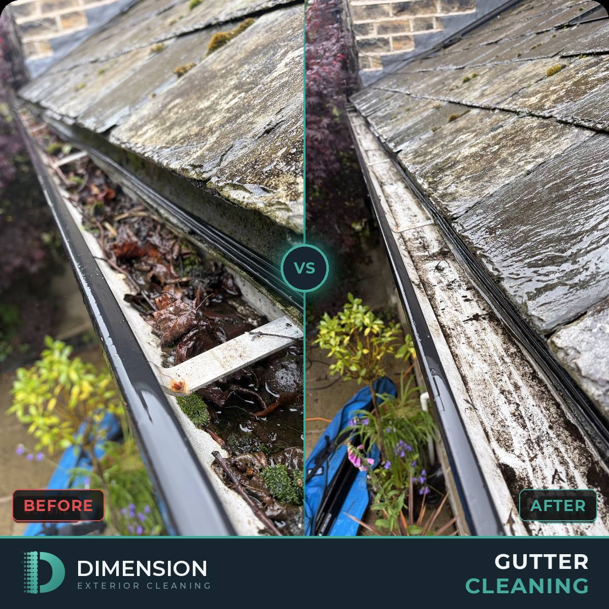 White gutter before and after vac cleaning on a slate roof