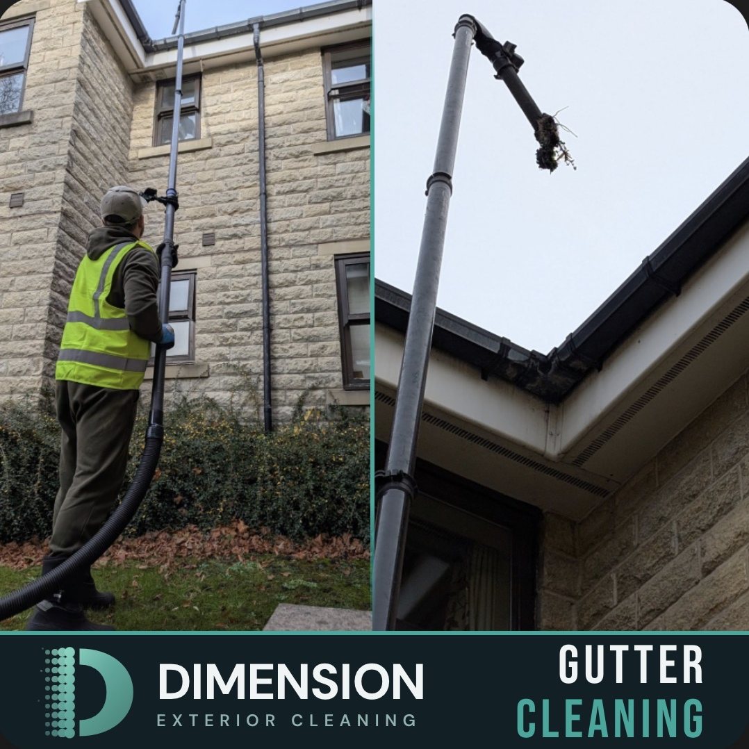 Gutter vac in use with high-reach pole and debris collection bag