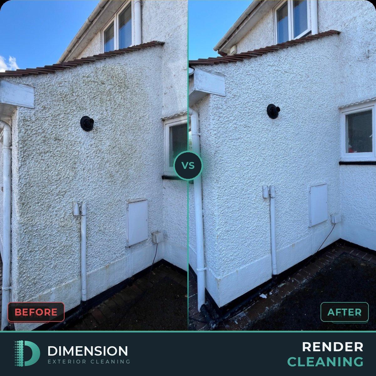 Rendered wall before and after softwash cleaning